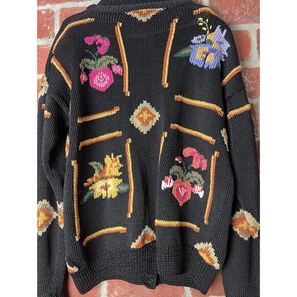 VTG Berek Sweater Black Floral Cardigan Hand Knit Heavy Button Front Size Large - Picture 7 of 11